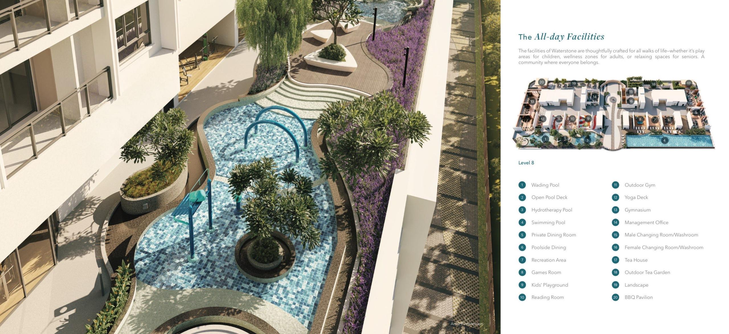 Numbered Level 8 plan: pools along the sea-facing edge, leisure and fitness areas between the towers, and gardens around the deck
